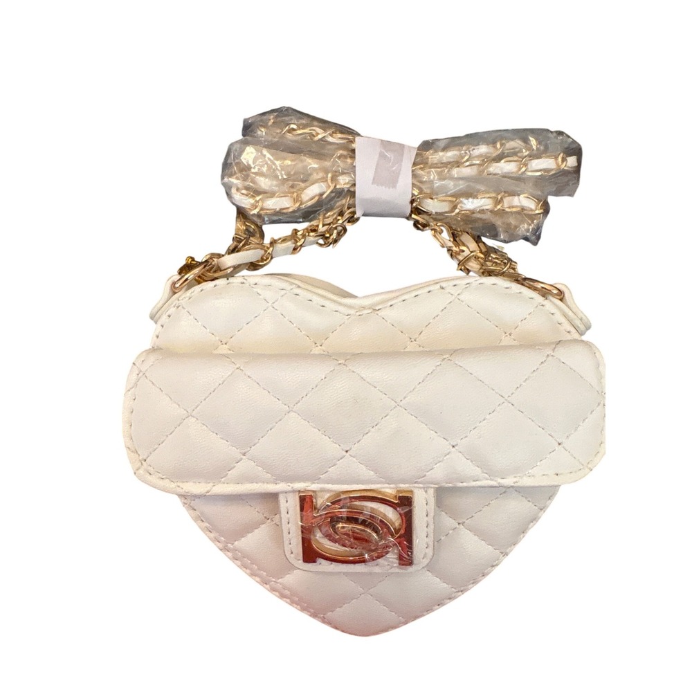 Bebe Heart Quilted Crossbody Bag Cream Gold Chain BEBE Charms Logo Purse NEW